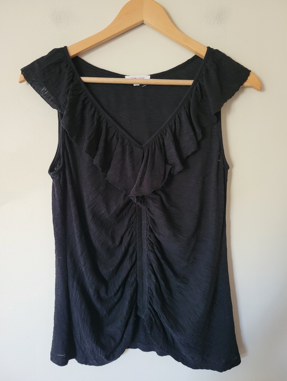Goldie Tees Pima Cotton Black Ruffle Trim Ruched Front Sleeveless Tank Top Black